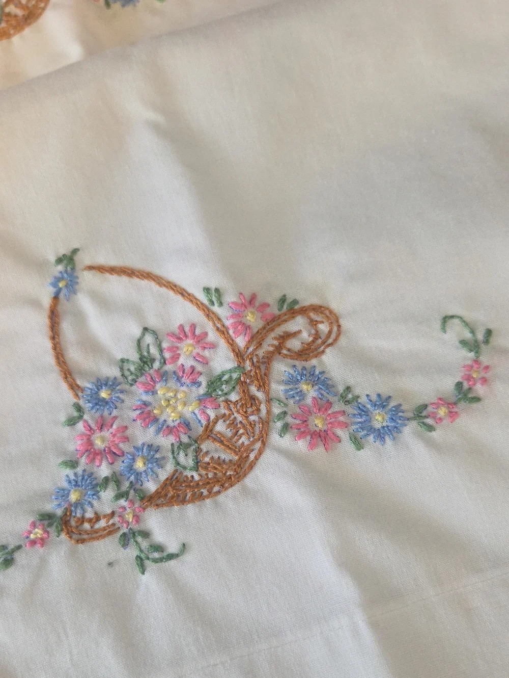 Handmade, Hand Embroidered Floral Basket Standard Size Pillow Cases (Set/2)